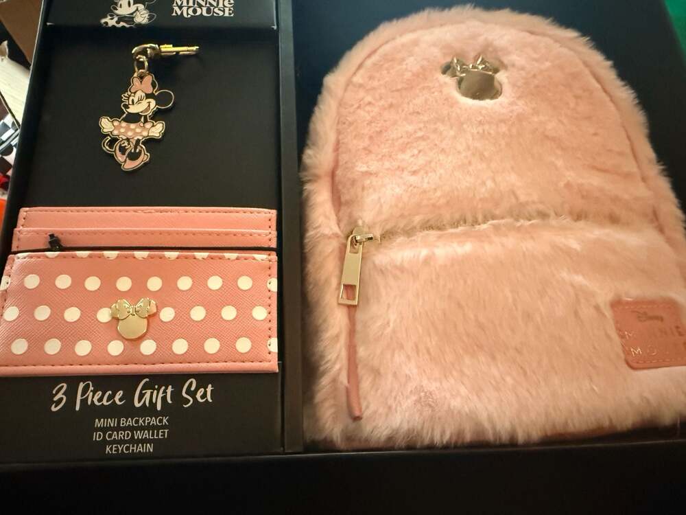 Disney Minnie Mouse 3-Piece Gift Set: Faux Fur Mini Backpack, ID Card Wallet, an